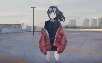 Anime girl, art, jacket, sunglasses, cry