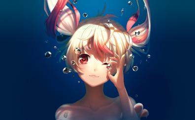 Cute, anime girl, underwater, bubbles