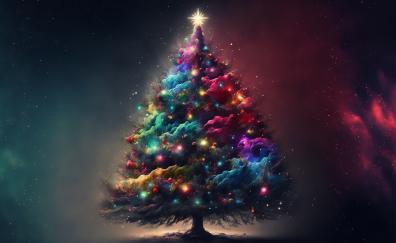 Colorful and decorated Christmas tree, artwork