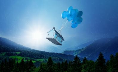 House, balloons, flight, dream, surreal