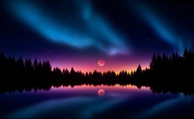 Colorful, night, stars, silhouette, lake, reflections