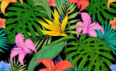 Pattern, tropical, flowers, leaves