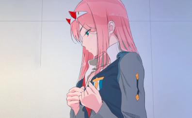 Anime girl, pink hair, beautiful, artwork, Zero Two
