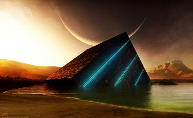 Cube, beach, surreal, sunset, moon, futuristic design