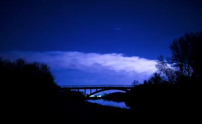 Bridge, clouds, night, trees, sky