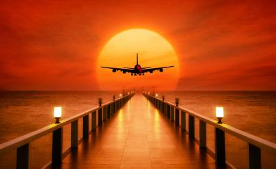 Airplane, photoshop, pier, sunset