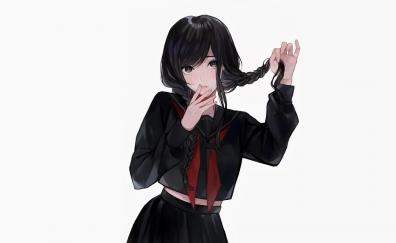 Cute, anime girl, black dress, ponytails