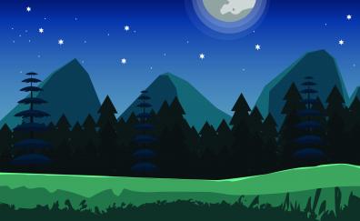 Digital art, night, mountains, trees