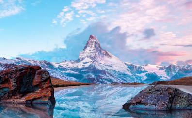 Matterhorn, mountains, nature, frozen lake, reflection, winter