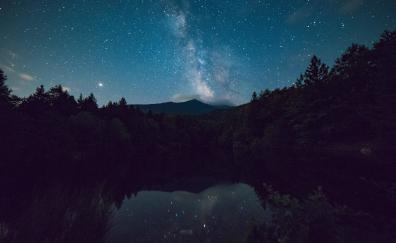 Lake, forest, night, milky way, reflections, night