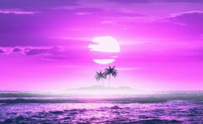 Violet sunset, beach, synthwave, minimal