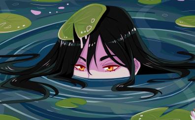Girl in water, water lilies, original, art