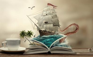 Book, sailing ship, boat, fantasy, photoshop art