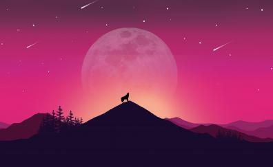 Wolf and moon, night, digital art