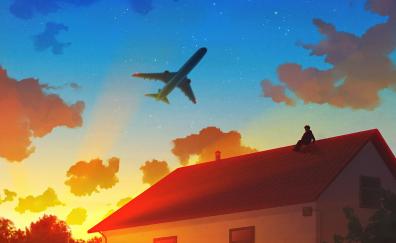 Flight over house, anime, original