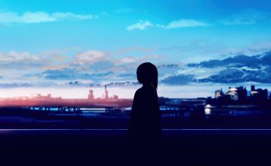 Anime girl, silhouette, pretty sunset, art