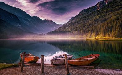 Boats, Lake Jägersee, mountains, Austria