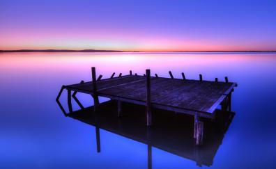 Lake, wooden dock, blue, sunset