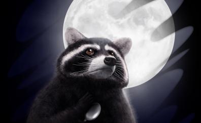 Raccoon, moon, spoon, art