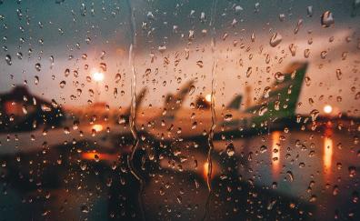 Glass surface, window, airport, sunset, drops