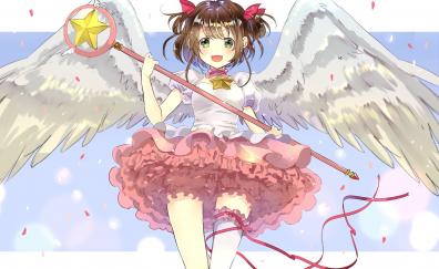 White wings, stick, anime girl, cute, sakura kinomoto