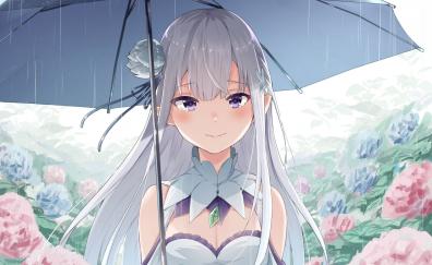 Emilia, Re:Zero, rain, umbrella