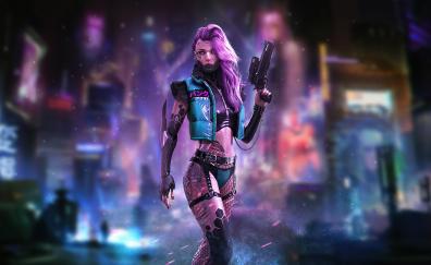 Cyberpunk, tattoo on body, girl with guns