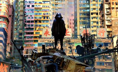 Cityscape, cyberpunk, man in hood, art