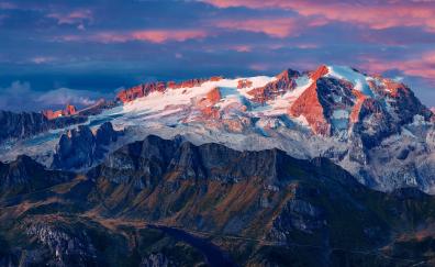 Mountains, glacier, summit, nature, sunset