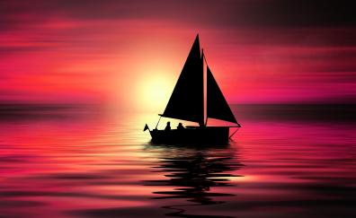 Artwork, sailboat, sunset, silhouette