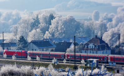 Train, winter, snowfrost, houses, town