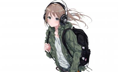 Original, anime girl, bag, headphone, walk