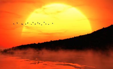 Birds, big sun, silhouette, lake, art