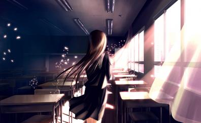 Classroom, anime girl, school uniform, long hair, original