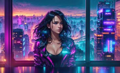 Cyberpunk world's gorgeous girl, game art