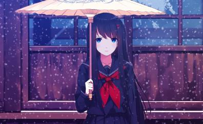 Umbrella, blue eyes, anime girl, winter