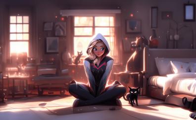 Cute spider-gwen and kitten, play