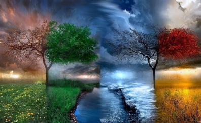 Artwork, colored trees, grass, clouds, seasons