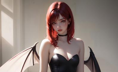 Bat wings, beautiful girl, redhead, art