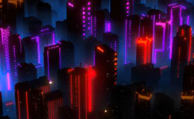 Neon lights, cityscape, buildings, aerial view