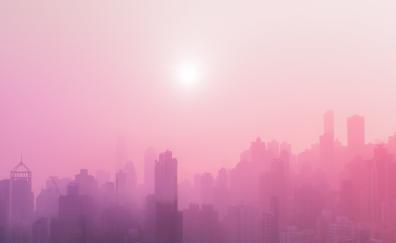 Urban, skyscrapers, buildings, sunny day, pink smog