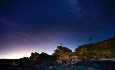 Coast, man, starry and clean sky