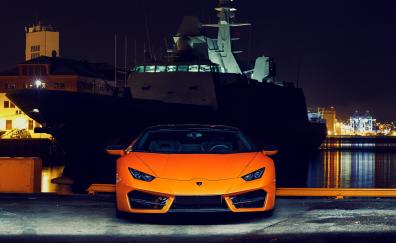 Front, orange, sports car, Lamborghini Huracan