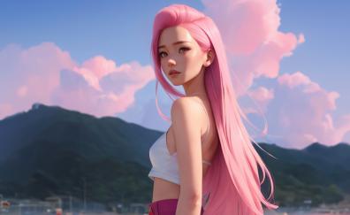 Pink hair anime girl, beautiful and cute, art