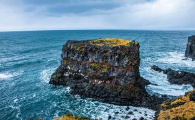 Rock, cliff, coast, blue sea, Iceland
