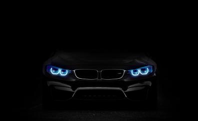 BMW, car, blue headlight, dark