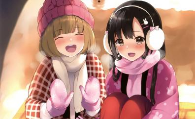 Winter, cute anime girls, friends