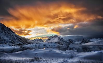 Sunset, snow mountains, landscape, nature