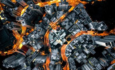 Night, aerial view, yellow lights of road, city