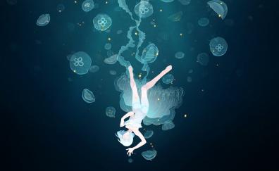 Underwater, dive, anime girl, jellyfish